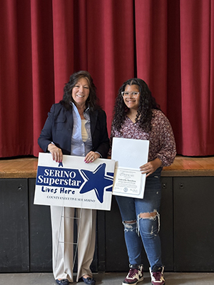 County Executive Sue Serino taking picture with honoree holding certificate and yard sign