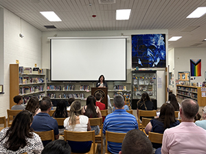 County Executive Sue Serino talking to students and parents about kindness